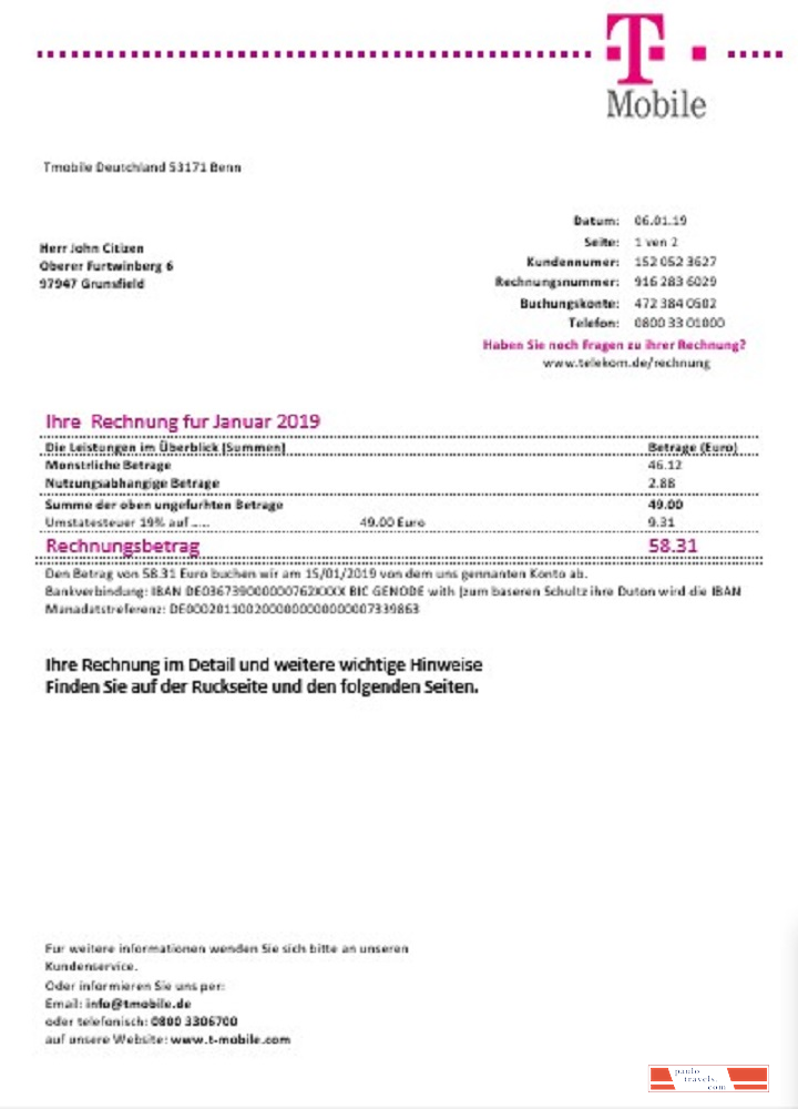 Germany T Mobile utility bill